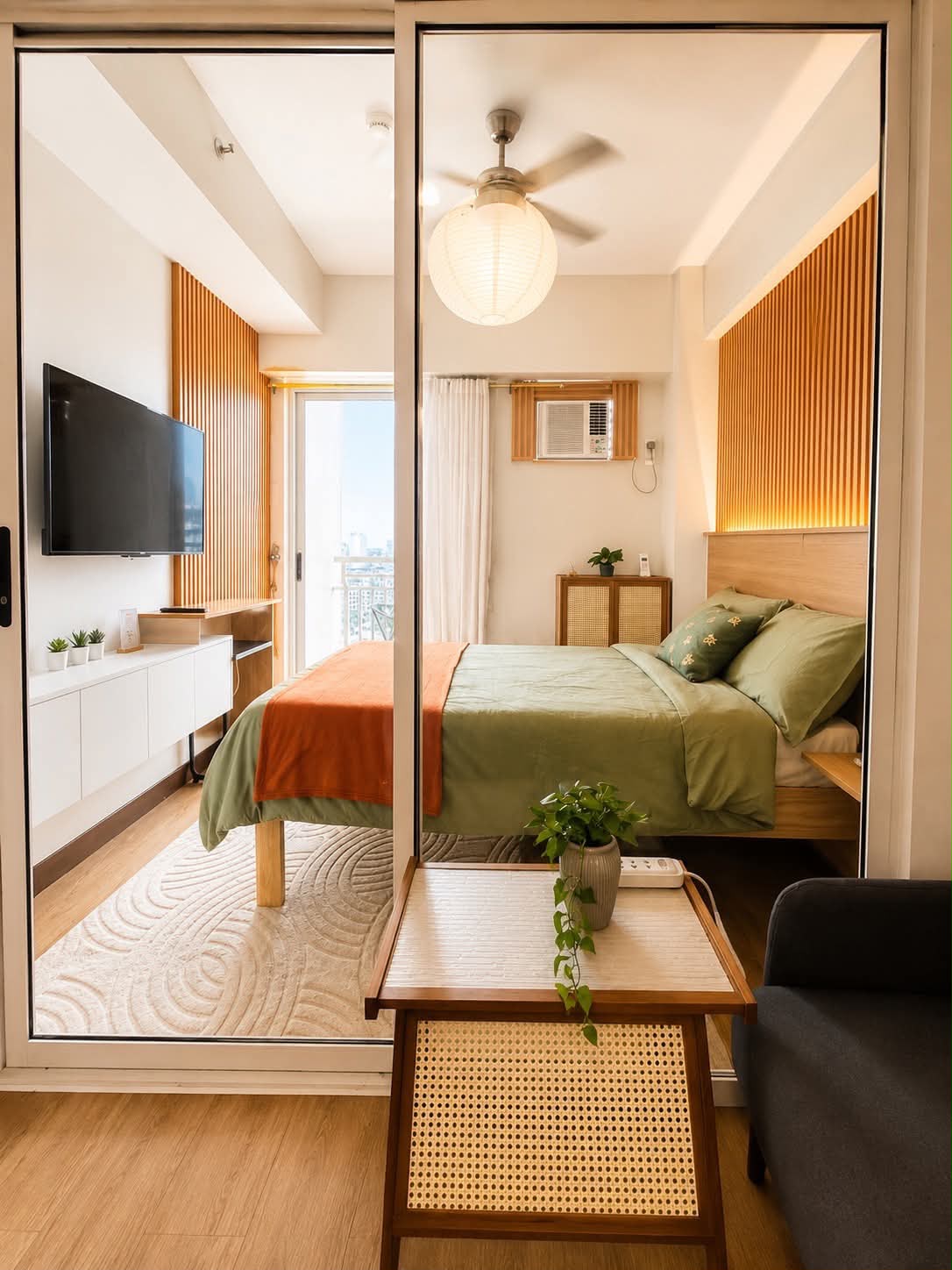 Sky Haven's living and sleeping area, looking toward the balcony